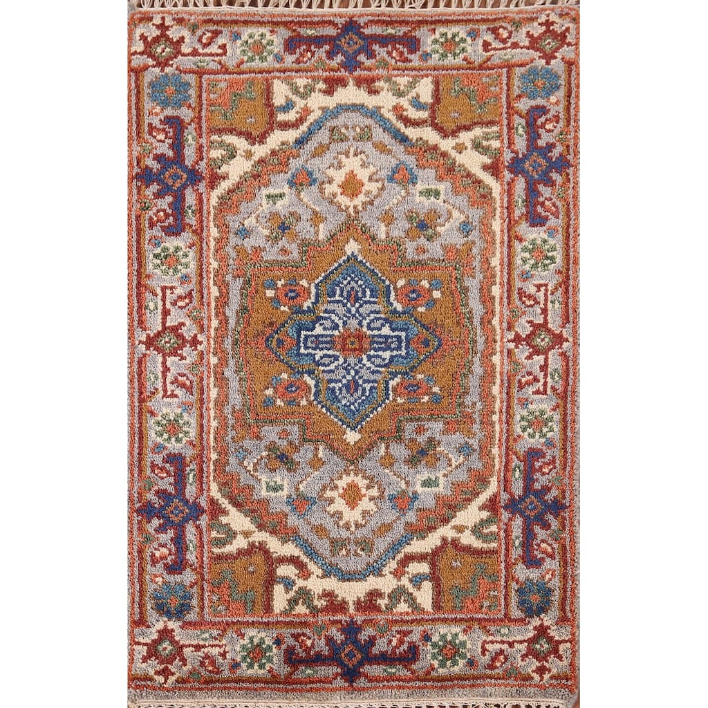 Geometric Heriz Serapi Indian Accent Rug Handmade Grey Wool Carpet - 2'1" x 3'2"