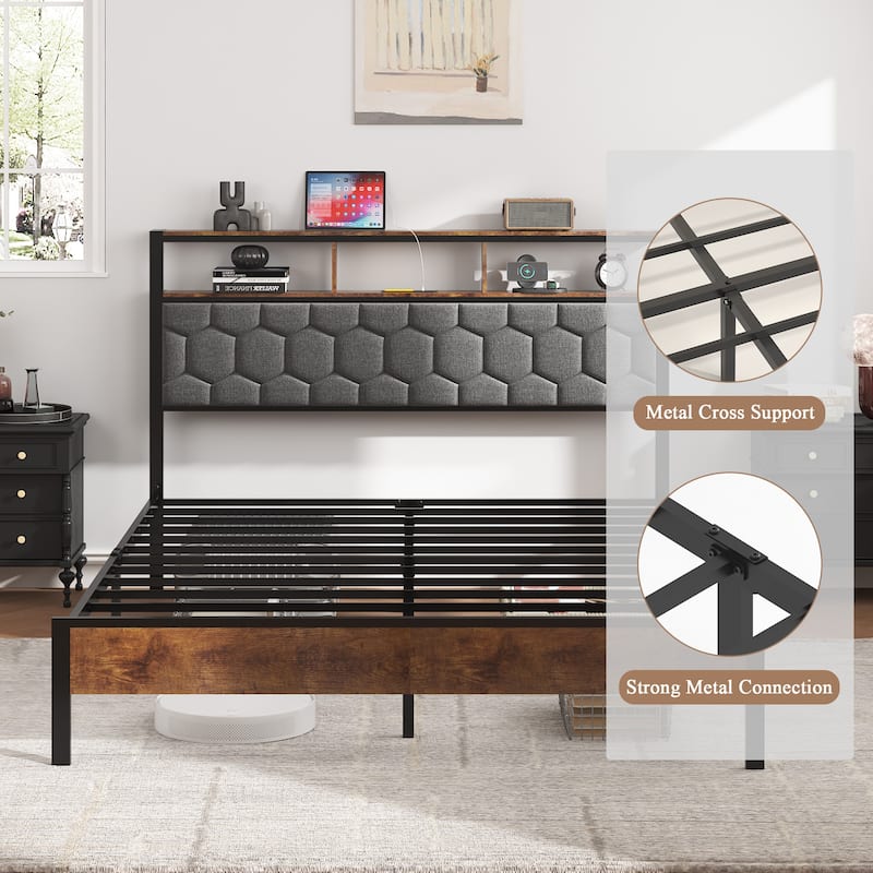 Platform Bed Metal Bed Frame with Soft Package Headboard, USB Ports, Storage Shelf, Under Bed Storage, Noise Free, Grey Brown