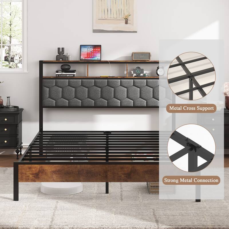 Roomfitters Wood Platform Bed Frame with Upholstered Headboard, Charging Station, No Box Spring Needed, Brown