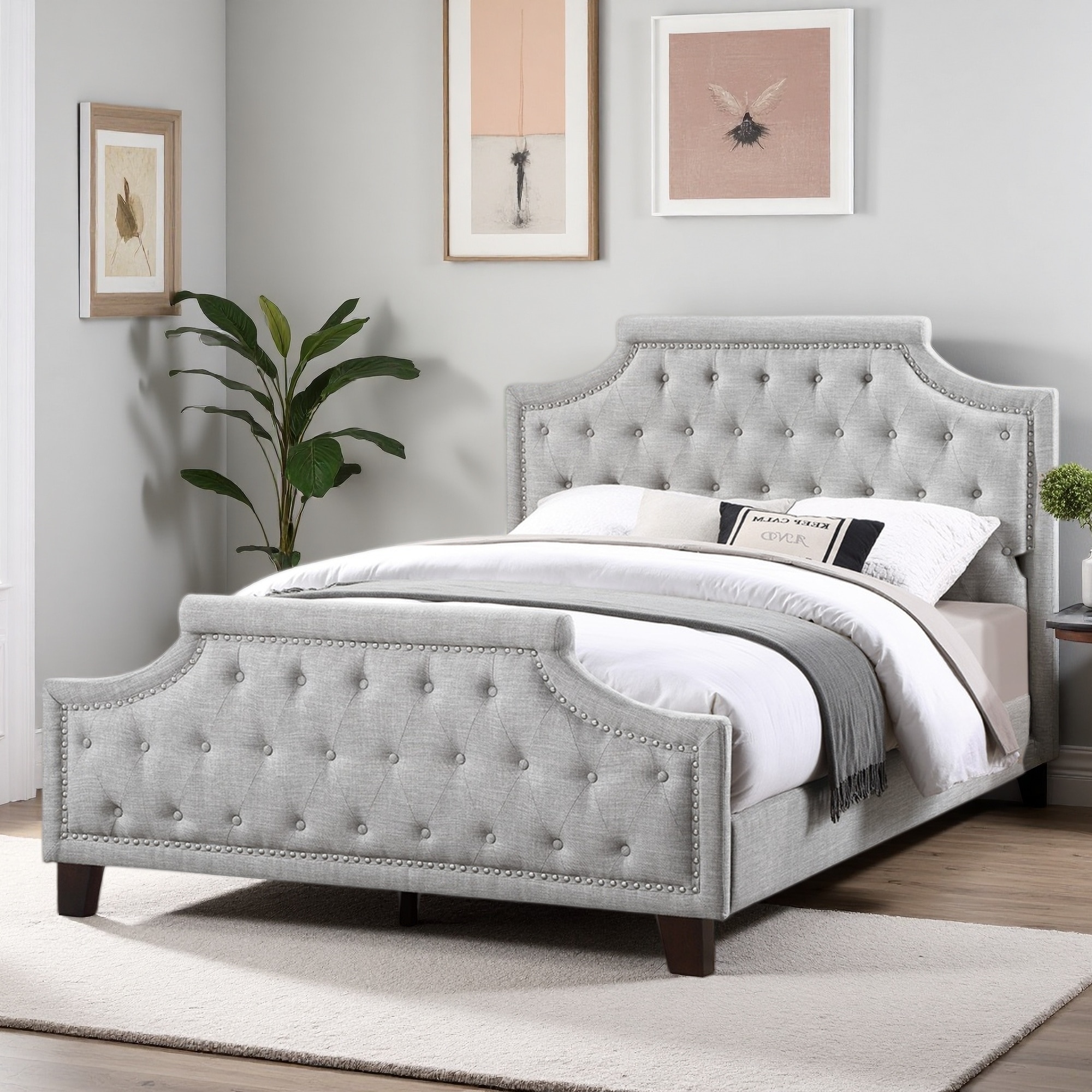 Full Size Fabric Panel Bed with Wood Frame and No Box Spring Needed