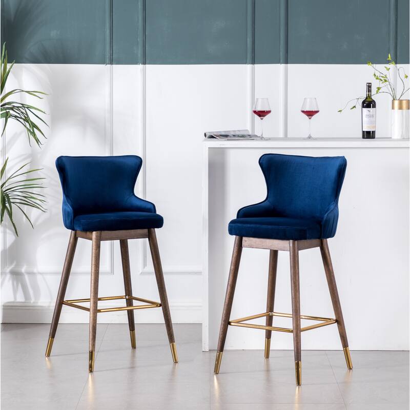 Velvet Fabric Upholstered Wingback Bar Stools Set of 2, Counter Height Bucket Barstools with Footrest for Kitchen, Dining Room