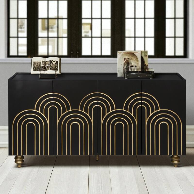 Modern Fluted Sideboard Buffet with Adjustable Shelves, Gold Base & 4 Doors for Kitchen or Dining Room - Black