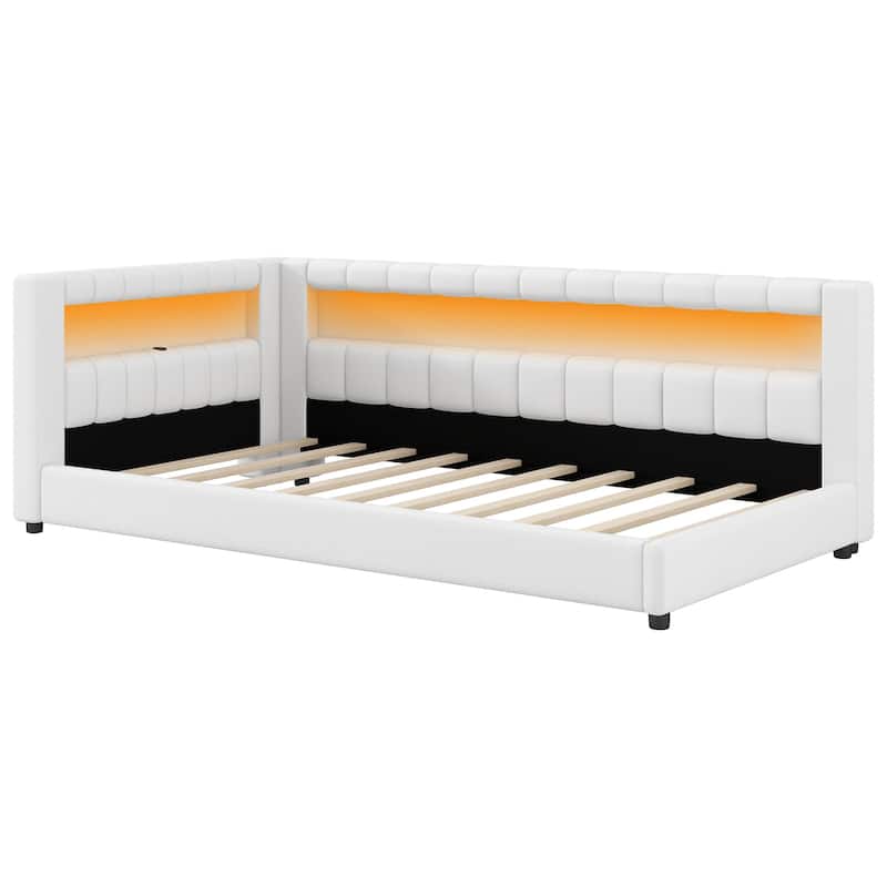 Upholstered Low-Profile Daybed Platform Bed Built-in USB Ports and LED Light Belt, Grounded Design with Padded Backrest