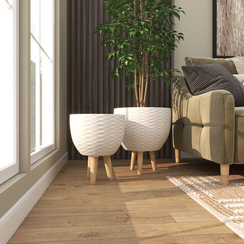 White or Gray Ceramic Indoor Outdoor Planter with Wood Legs (Set of 2)