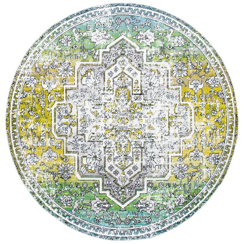 SAFAVIEH Skyler Rillie Boho Medallion Watercolor Rug - 6'7" Round - Green/Ivory