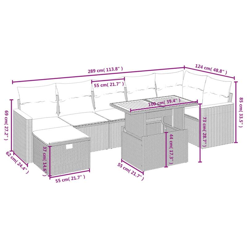 vidaXL Patio Sofa Set with Cushions Outdoor Furniture 8 Piece Poly Rattan