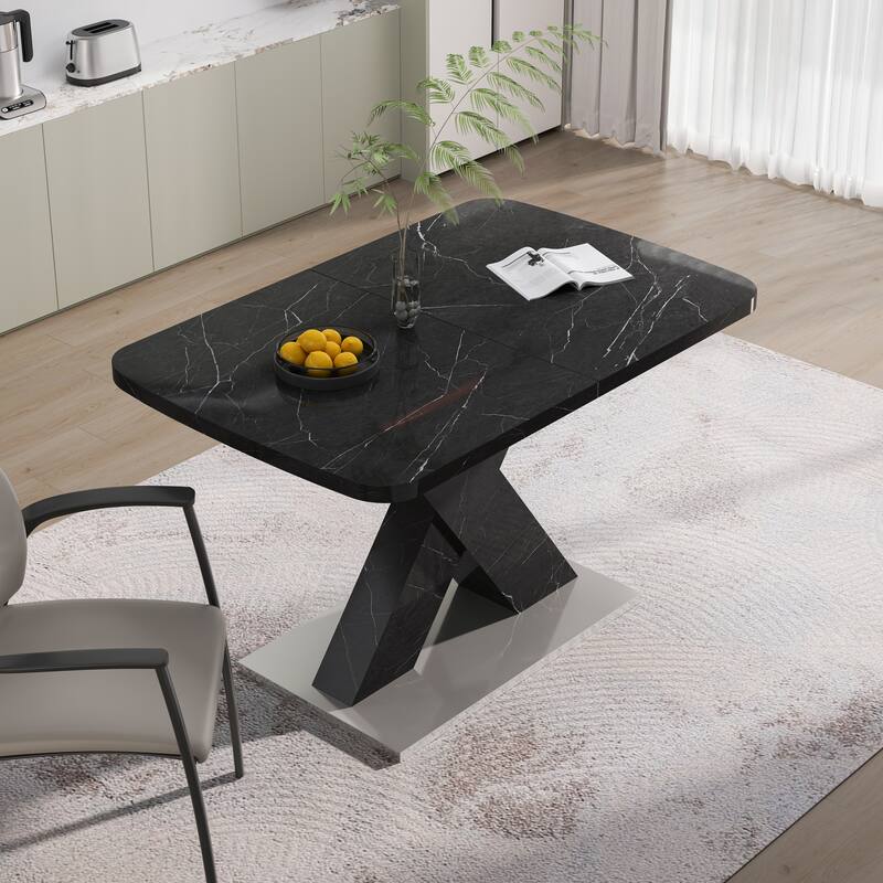 Modern Square Dining Table,Stretchable,Printed Marble Table Top+ X-Shape Table Leg with Metal Base