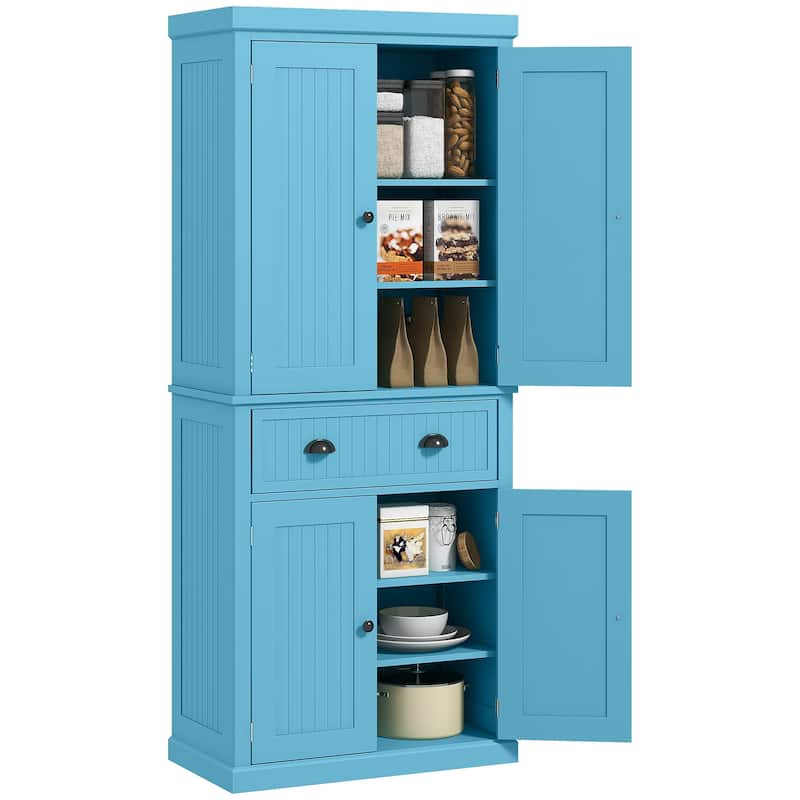 72" Kitchen Pantry Cabinet, Freestanding Tall Storage Cabinet, Traditional Kitchen Cabinet with 4 Doors - Blue