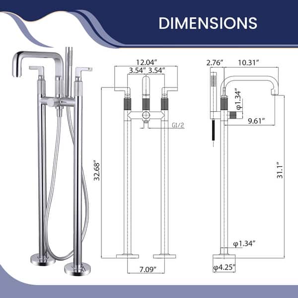 dimension image slide 0 of 4, 33" H Solid Brass Floor Mounted Freestanding Tub Faucet with Hand Shower and Diverter
