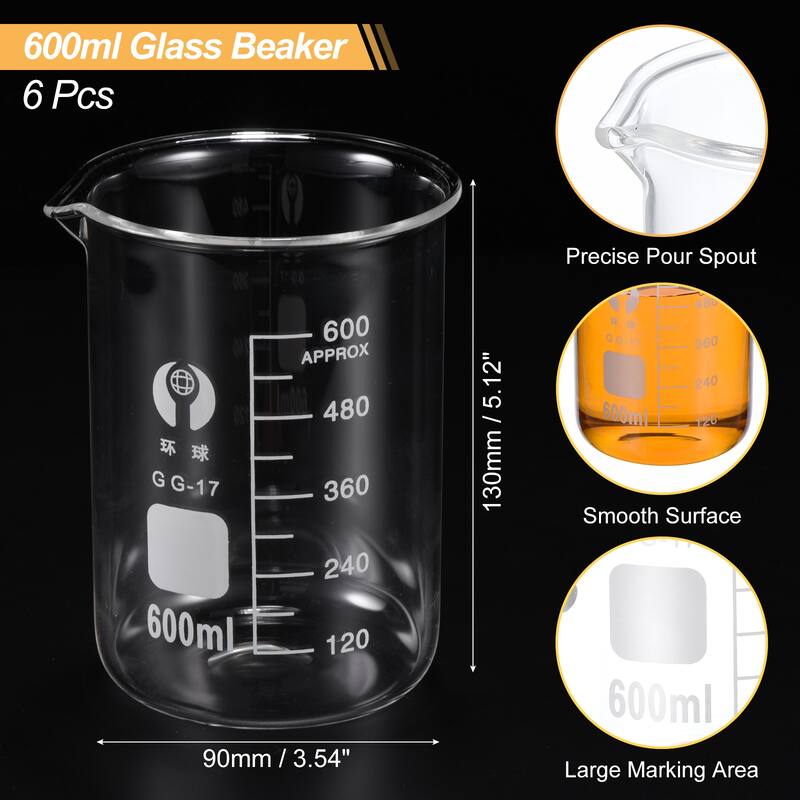 Low Form Glass Beaker, 6 Pack Glass Graduated Scale Measuring Cups - 600ml