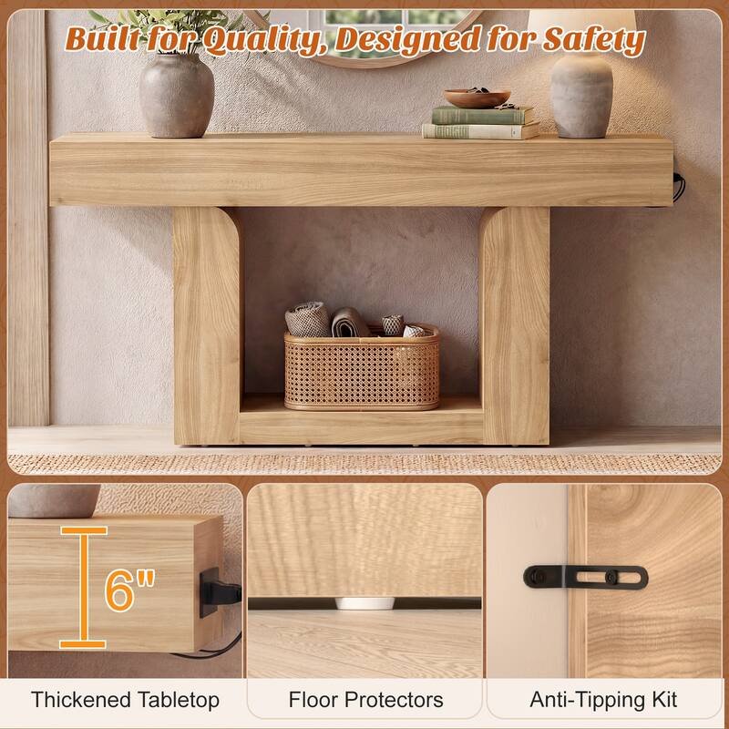63'' W Farmhouse Console Table with Chaging Station, Thick Sofa/ Entryway Table with Storage Shlef