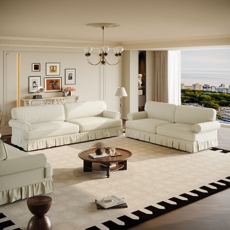 Chenille Upholstered 3-Seater Sofa, Comfy Deep Seat Cloud Couch, Lounge Sofa with Rolled Armrests & Pleated Skirt