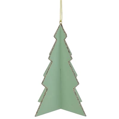 5.25" Light Green 3D Tree Silver Glitter Wooden Christmas Ornament