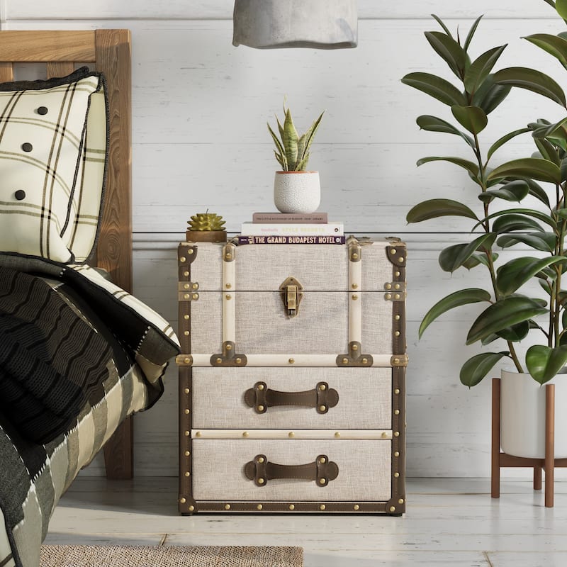 COZAYH Vintage Nightstand with Buckle Hinged Top, Linen Accent End Side Table for Living Room, Rectangle, Grey - Light Grey