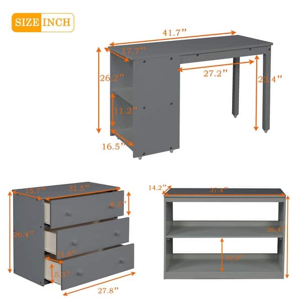 dimension image slide 0 of 2, Gray Multiple Functions Twin Low Loft Bed with Cabinet, Shelves and Rolling Portable Desk