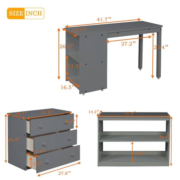 dimension image slide 0 of 8, Multiple Functions Low Loft Bed with Cabinet, Shelves and Rolling Portable Desk