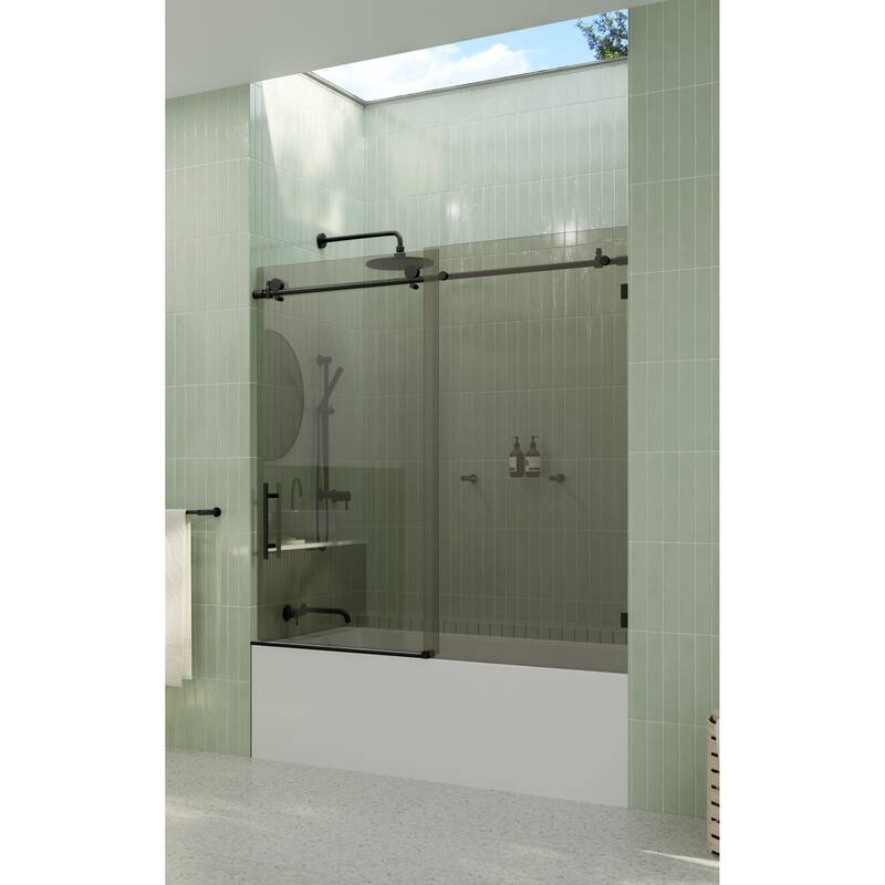 Equinox 60 in. x 60 in. Fully Frameless Glass Bath Slider with Gray Tint