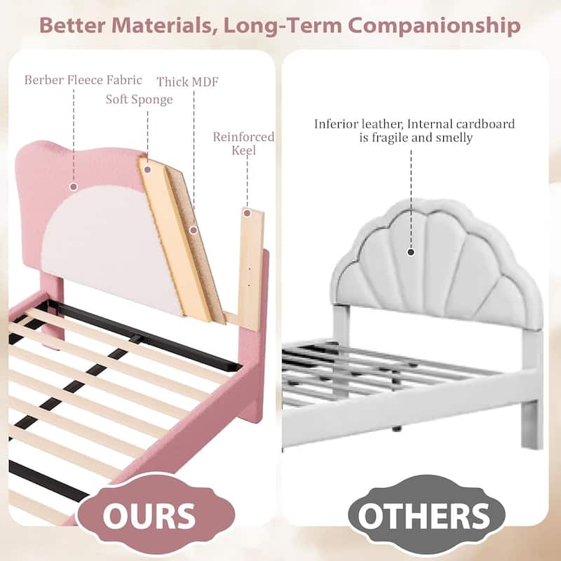 Velvet Kids Bed Frame with Adjustable Scallop Headboard, Princess Style Platform Bed, Solid Wood Slats