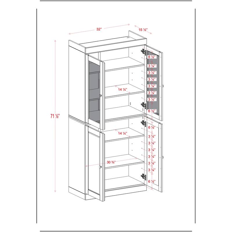 Palace Imports 100% Solid Wood 32" Pantry Cabinet with Frosted Glass, Shaker Doors and Adjustable Shelves