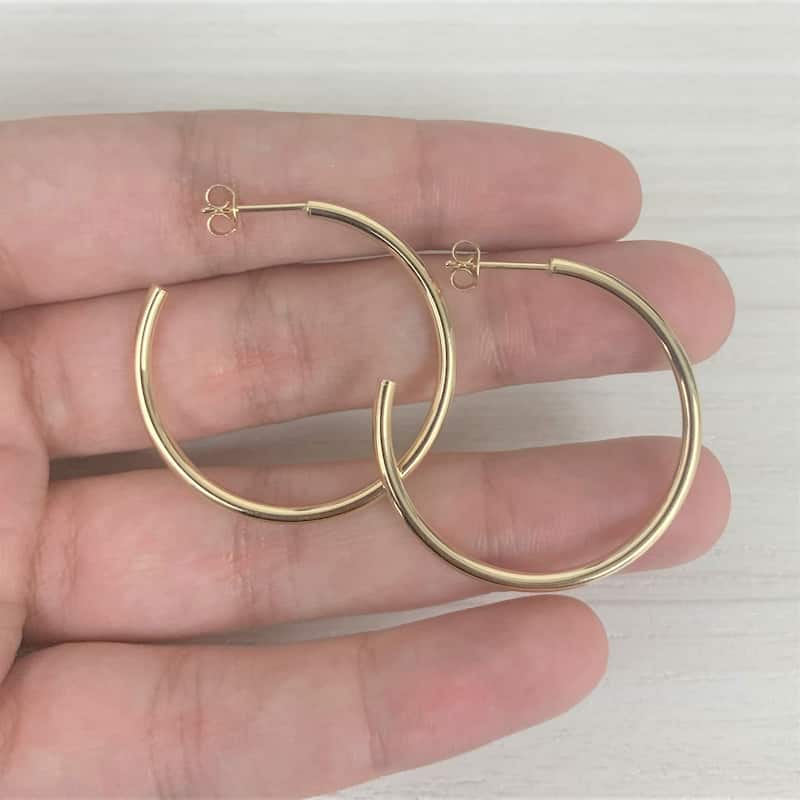 Joelle Collection Hoop Earrings 14K Yellow Gold Bead Earrings 2 x 30 MM 2" Inch