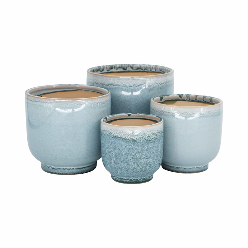 Ceramic Stone Planter Pots with Drainage Holes and Glossy Glazed Finish - 8x8x7 - Blue