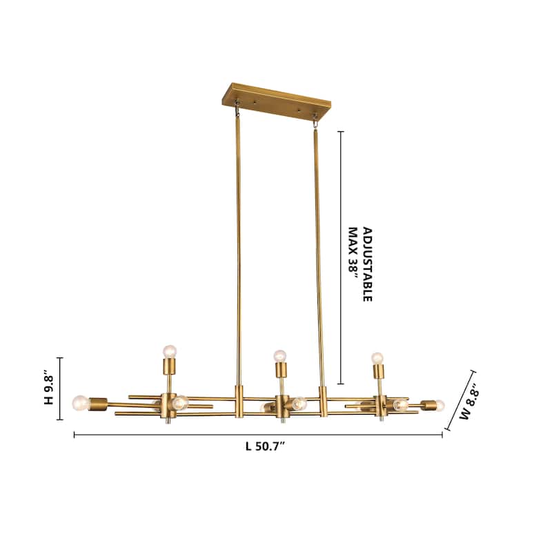 11-Light Matte Brass Metal Chandelier In A Rectangular Shape