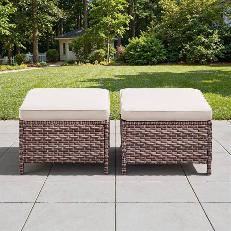 Pocassy Outdoor Sofa Swivel Chairs Patio Chair Funiture Set - 2PCS Ottoman - Brown Wicker Blue Cushion