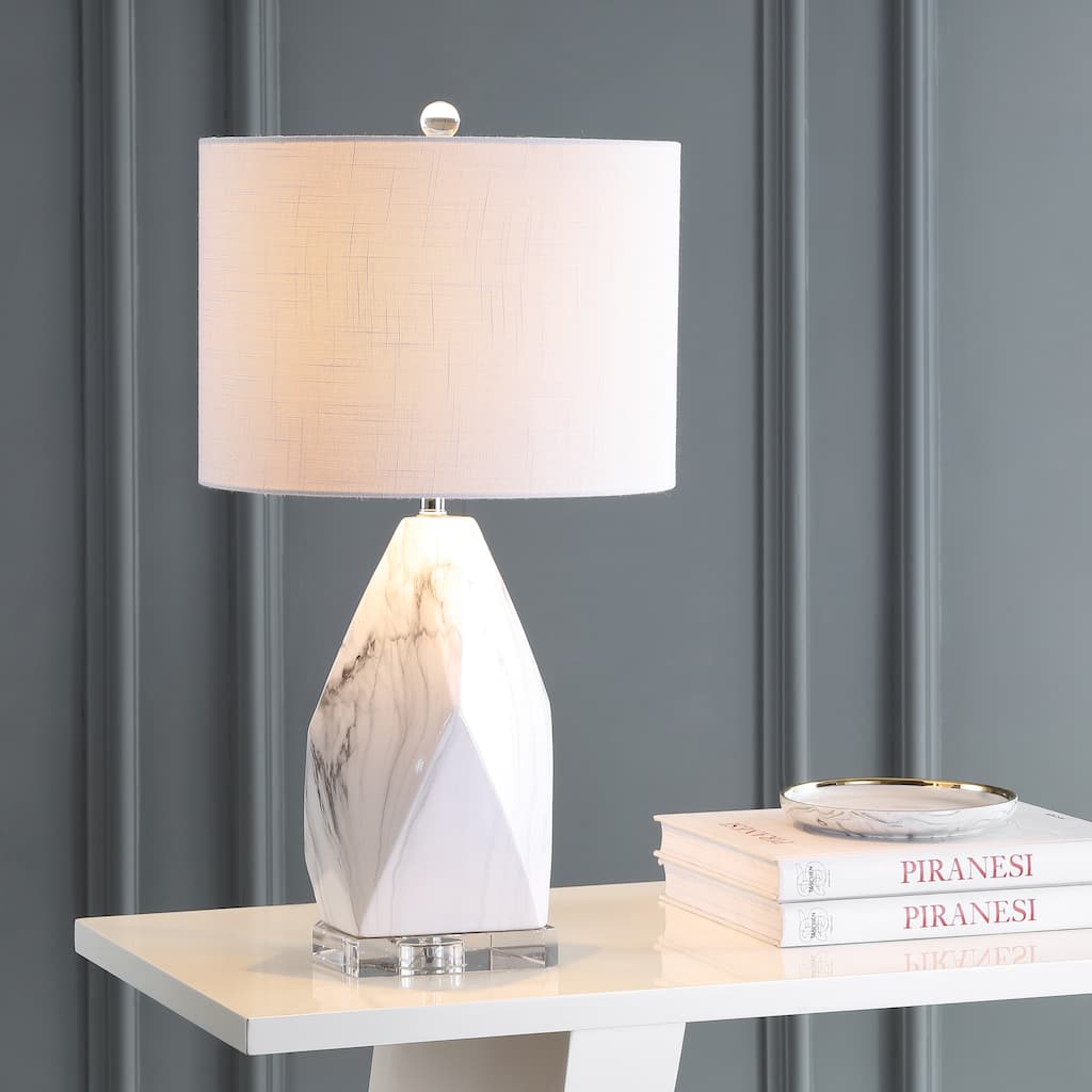 Cleo 25.5" Ceramic Marble/Crystal LED Table Lamp, White by JONATHAN Y