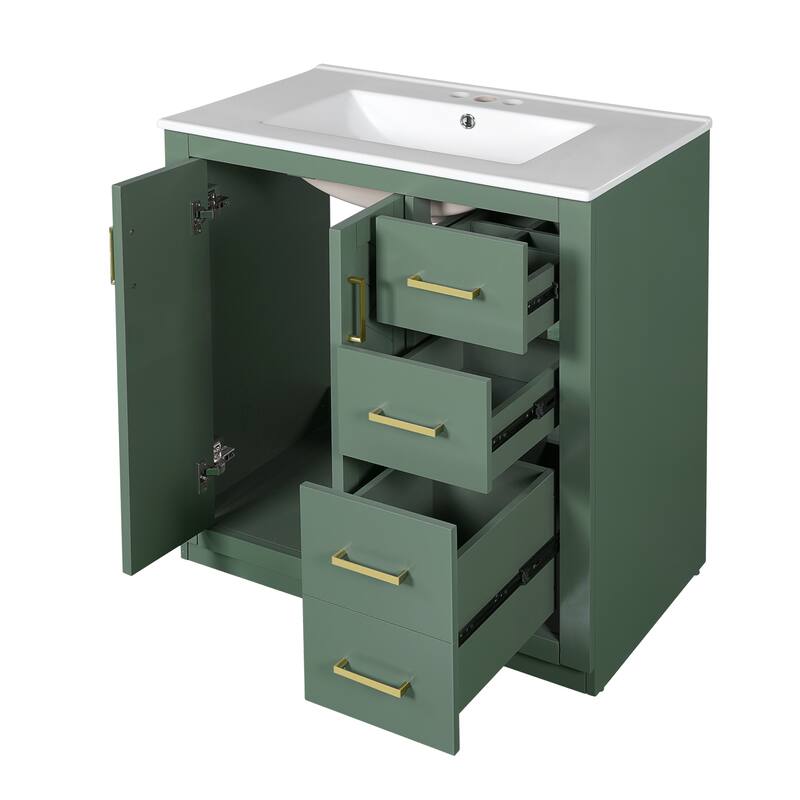 Bathroom Vanity with Ceramic Sink, Vanity Set with 3 Drawers and Doors, Bathroom Storage Cabinet with Solid Wood Frame