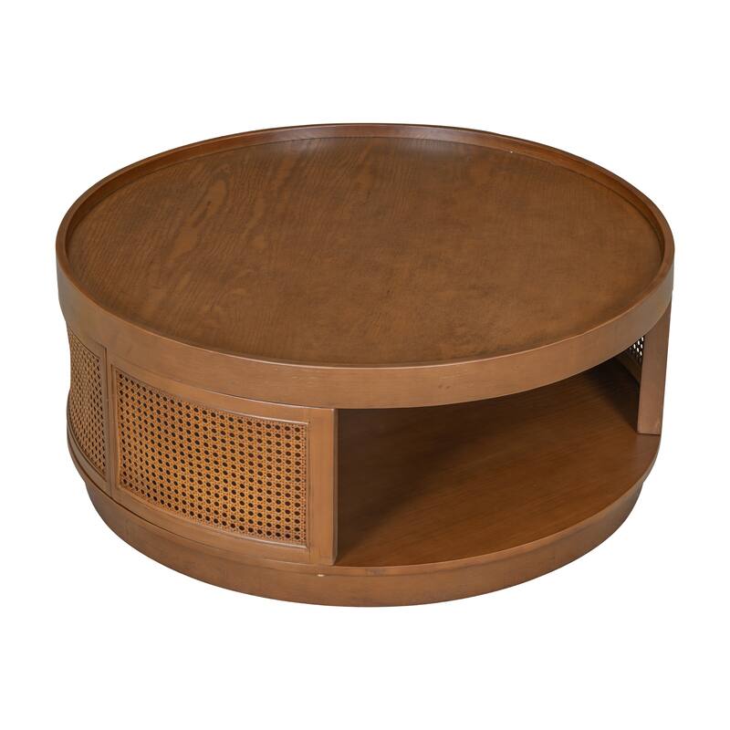 36.8" Wooden Mid-Century Modern Coffee Table with Storage, Round Cane Coffee Table with PE Rattan Side for Living Room