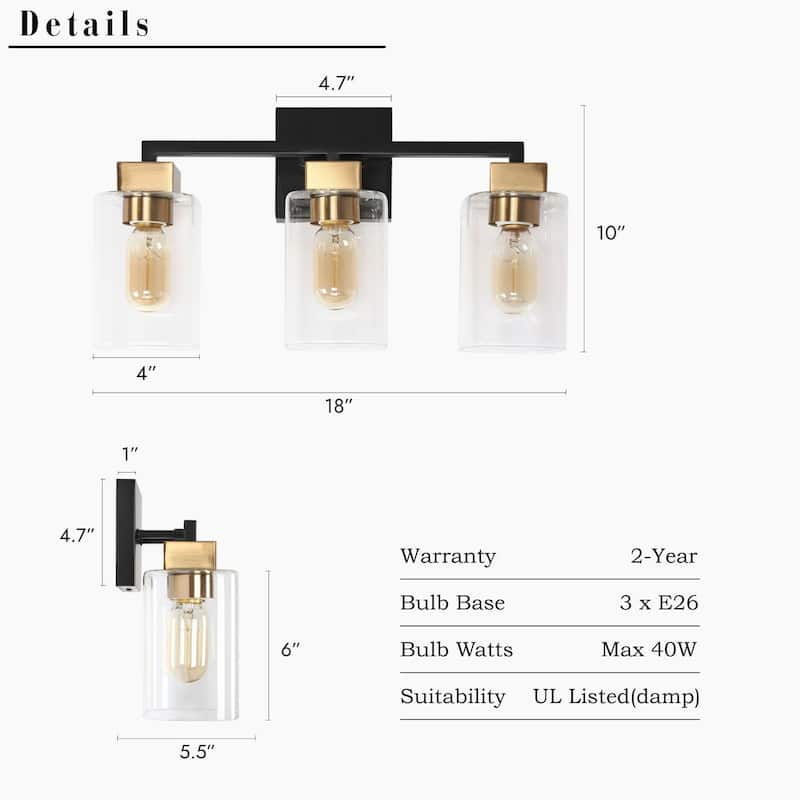 Modern 3-Light Black Gold Square Glass Bathroom Vanity Light Linear Wall Sconces