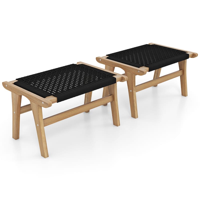 Gymax 2PCS Teak Ottoman Footstool w/ Handwoven Cordage for Patio Porch - Black - Small