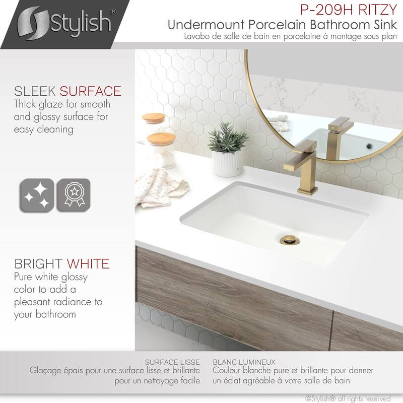 STYLISH 20 3/8 inch Rectangular Undermount Porcelain Bathroom Sink with two Overflow Finishes included