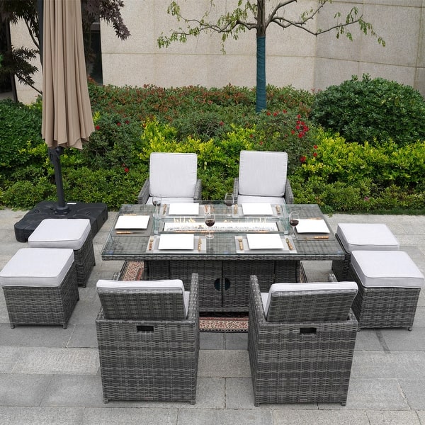 slide 2 of 7, 9-Piece Patio Wicker Rectangle Firepit Table with Chairs and Ottomans