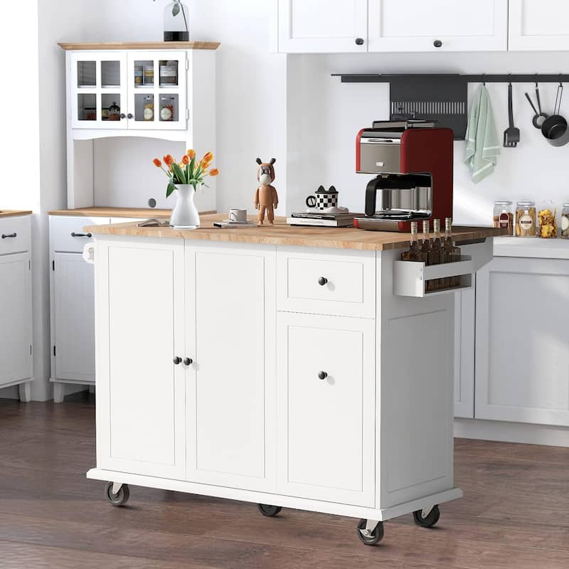 Modern Stylish Wooden Storage Kitchen Island Cart with a Drop Leaf - White
