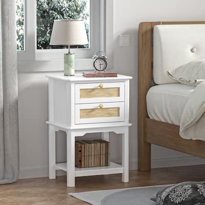 Modern 27.95"H Tall 2-Drawer White Nightstand Wood Rattan Side End Table for Bedroom with Storage Shelf
