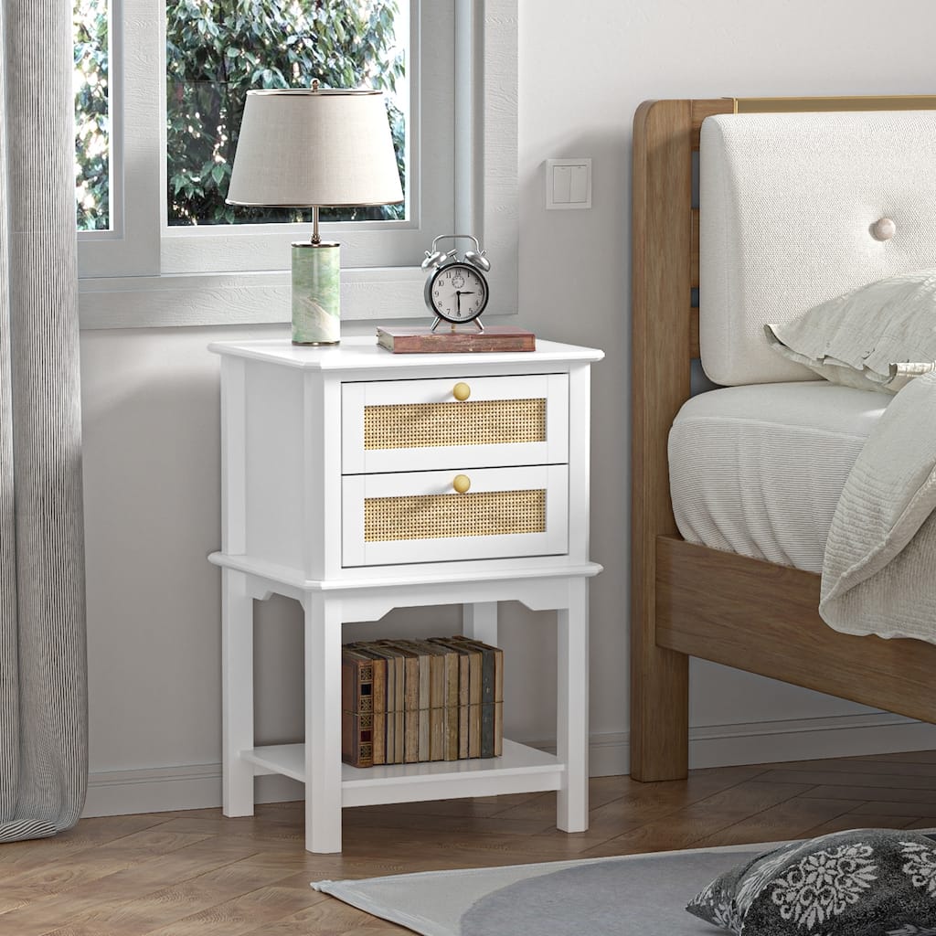 Modern 27.95"H Tall 2-Drawer White Nightstand Wood Rattan Side End Table for Bedroom with Storage Shelf