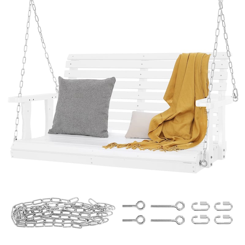 Wooden Porch Swing Heavy Duty Swing Chair Bench with Hanging Chains for Outdoors - 4 ft 48x19.3x23'' White