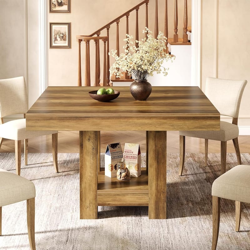 Square Dining Table for 2-4, 39-inch Farmhouse Small Kitchen Dinner Table with Storage Shelf