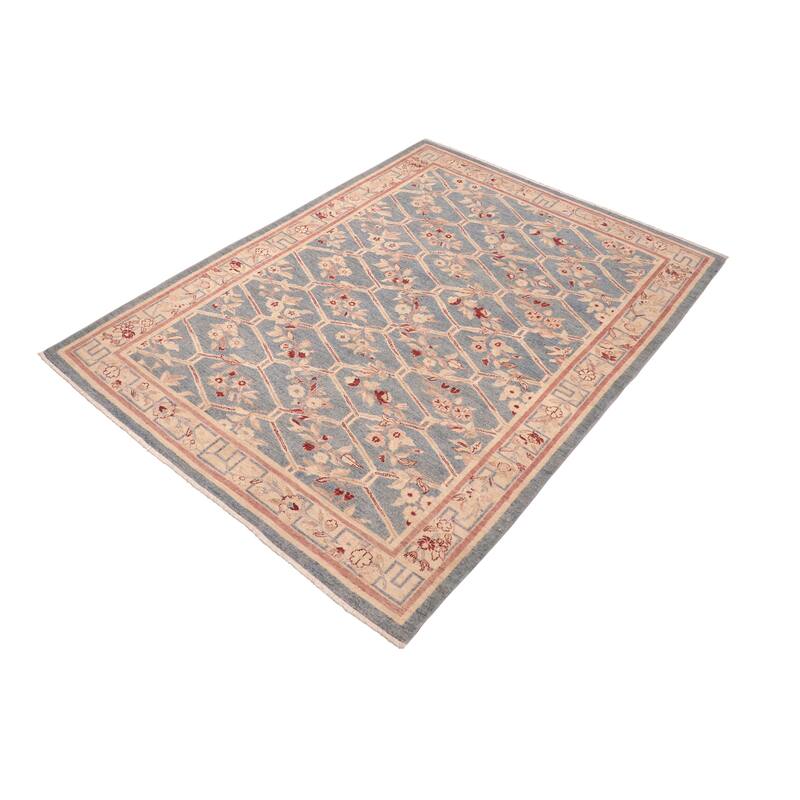 Hexagonal Trellis Floral Hand-Knotted Wool Area Rug