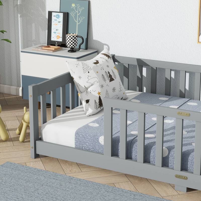 Twin Size Grey Rubber Wood Floor Bed with Safety Fence for Kids, No Door Design