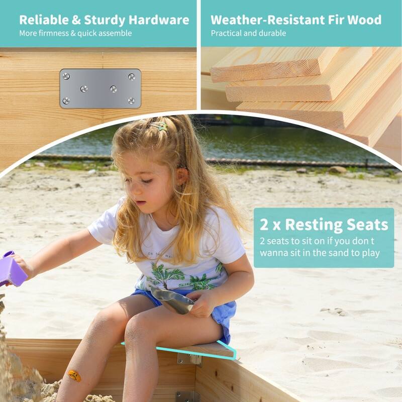 Kids Sand Box, 2 in 1 Outdoor Wood Sandbox with Cove, Two Corner Seats