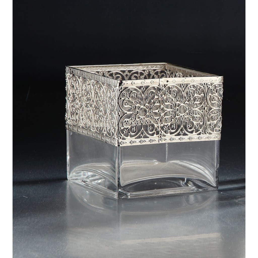 6" Clear and Silver Colored Square Tabletop Glass Vase