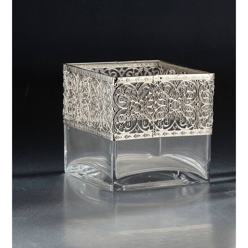6" Clear and Silver Colored Square Tabletop Glass Vase