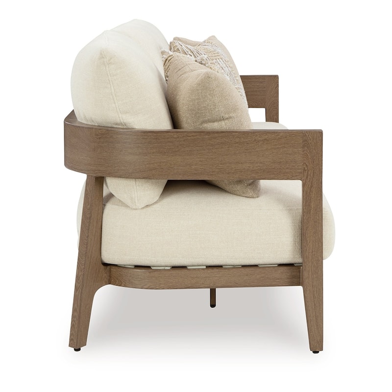 Baily Outdoor Sofa, 4 Throw Pillows, Cream White, 87 Inch Brown Metal