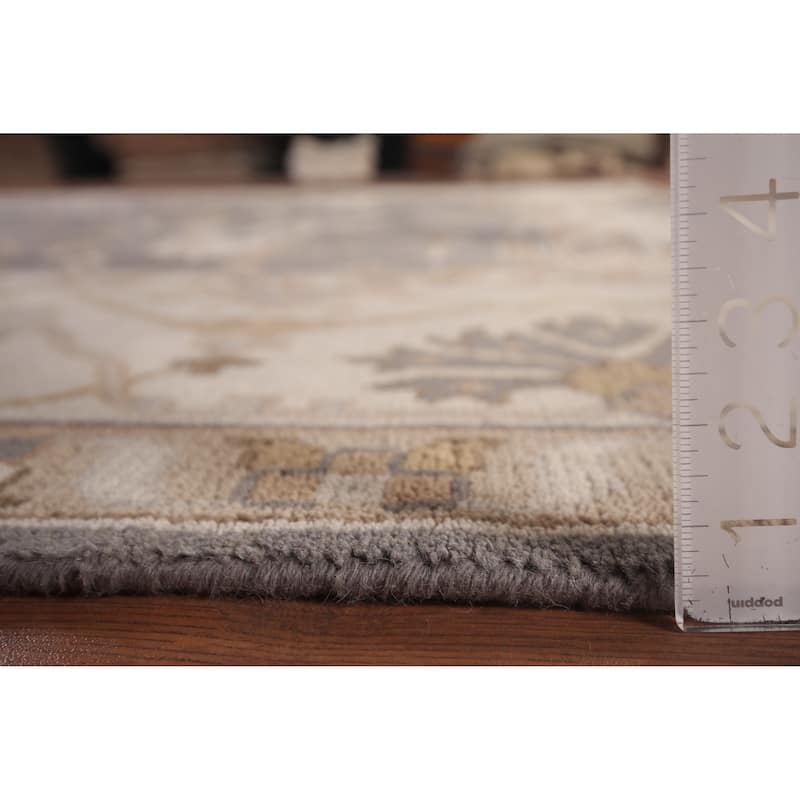 Gray Oushak Indian Rug Hand-Knotted Transitional Floral Wool Carpet - 9'1"x 11'7"