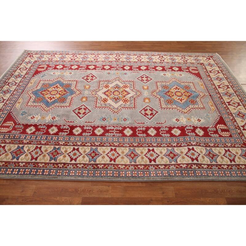 Kazak Area Rug Hand-Knotted Geometric Grey Wool Carpet - 6'9" x 9'8"