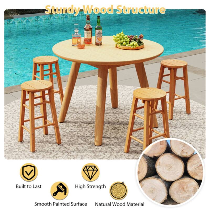 24-Inch Natural Wooden Counter Height Bar Stools with Footrest and Round Seat for Kitchen or Patio - 12" x 13" x 24"