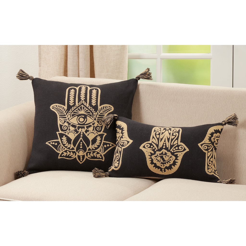 Embroidered Lumbar Pillow With Hamsa Hand Design