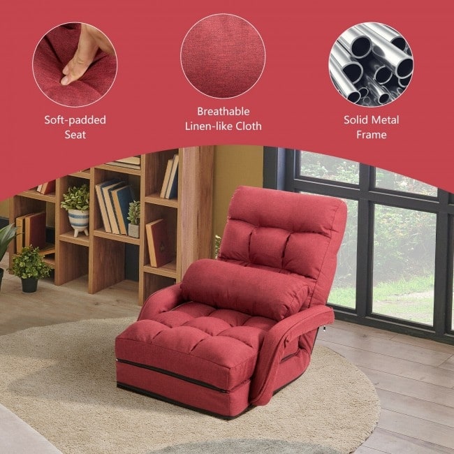 Folding Lazy Floor Chair Sofa with Armrests and Pillow-Red - 22" x 26" x 29" (L x W x H)